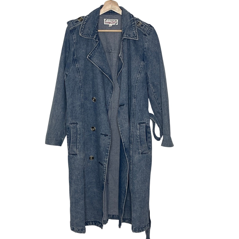 Stoosh Vintage Denim Trench Coat Women S Blue Double Breasted Belted Long Jacket
